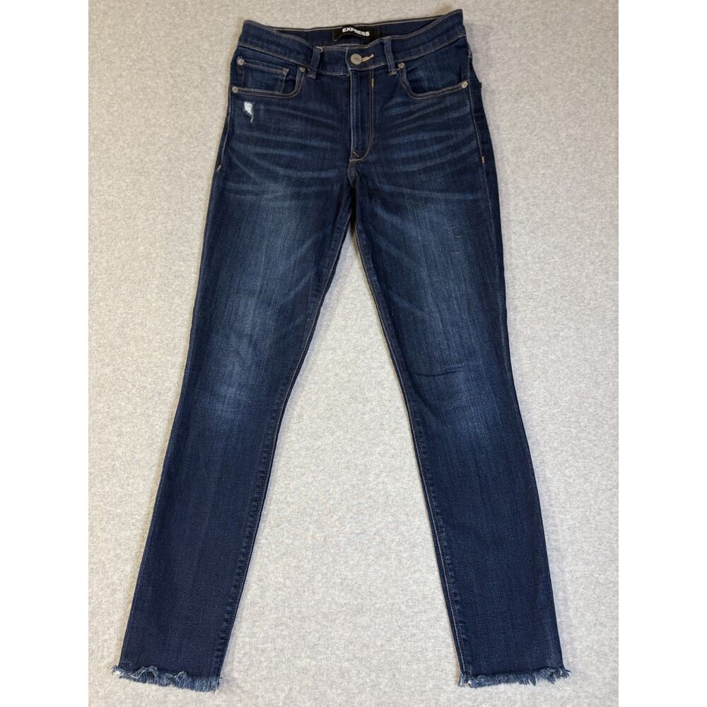 Express Women's 4R High Rise Stretch Ankle Jeggings Dark Wash Frayed Hem